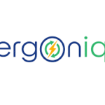 Ergoniq logo: blue wordmark with a circular emblem containing a yellow lightning bolt, followed by green letters.