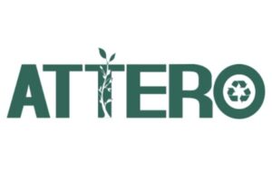 ATTERO logo with a leafy vine growing from the T and a recycling symbol inside the O, in teal colors for a sustainability brand touch.