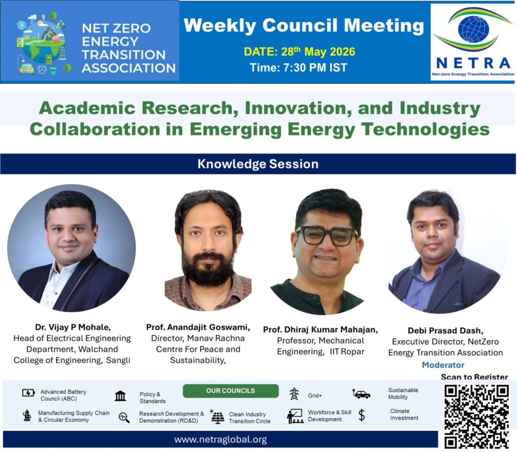 Poster for Net Zero Energy Transition Association's Weekly Council Meeting with a Knowledge Session banner and four speaker headshots (Dr. Vijay P. Mohale, Prof. Anandajit Goswami, Prof. Dhiraj Kumar Mahajan, Debi Prasad Dash).