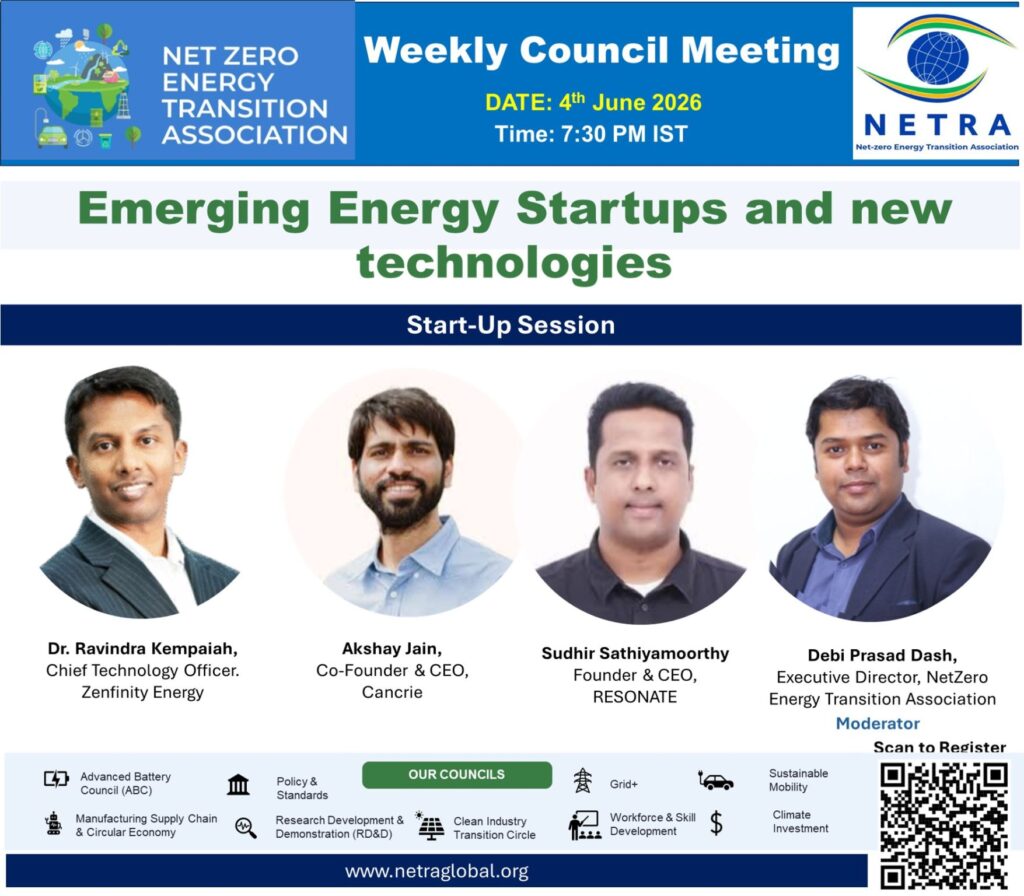Banner for Net Zero Energy Transition Association Weekly Council Meeting, showing four speaker headshots and a row of council icons and a QR code.