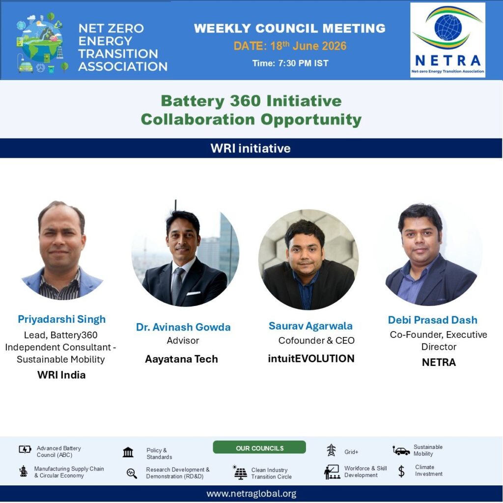Banner announcing the NET ZERO ENERGY TRANSITION ASSOCIATION weekly council meeting on 18 June 2026, highlighting the Battery360 Initiative with four speakers: Priyadarshi Singh, Dr. Avinash Gowda, Saurav Agarwala, and Debi Prasad Dash.