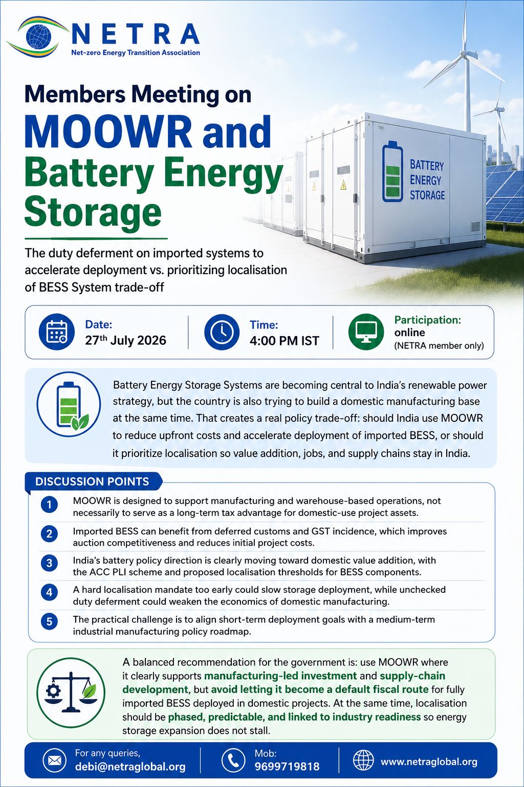 Informational NETRA poster for MOOWR and Battery Energy Storage meeting, showing storage containers and wind turbines in a bright banner.