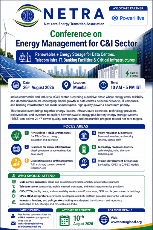 Conference banner for NETRA's Energy Management for C&I Sector, with PowerHive as associate partner; includes date 26 August 2026, Mumbai location, 10 AM–5 PM IST, and focus on renewables and energy storage for data centres and critical infrastructure.