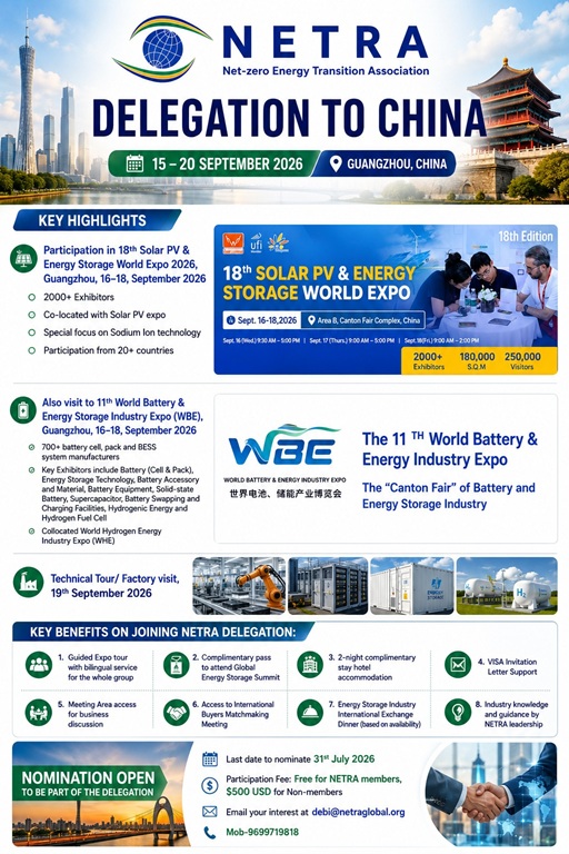 NETRA banner for Delegation to China, Guangzhou, Sept 15–20, 2026, announcing energy storage expo and events.
