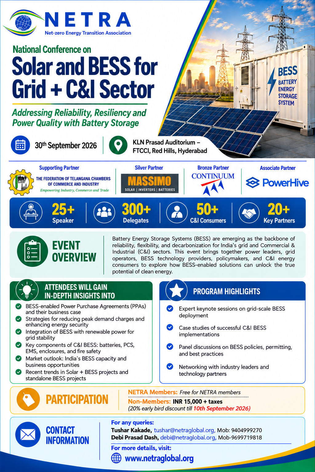 Conference poster for NETRA on Solar and BESS for Grid + C&I Sector, with event date Sept 30, 2026 and venue in Hyderabad/FTCCI Red Hills area.