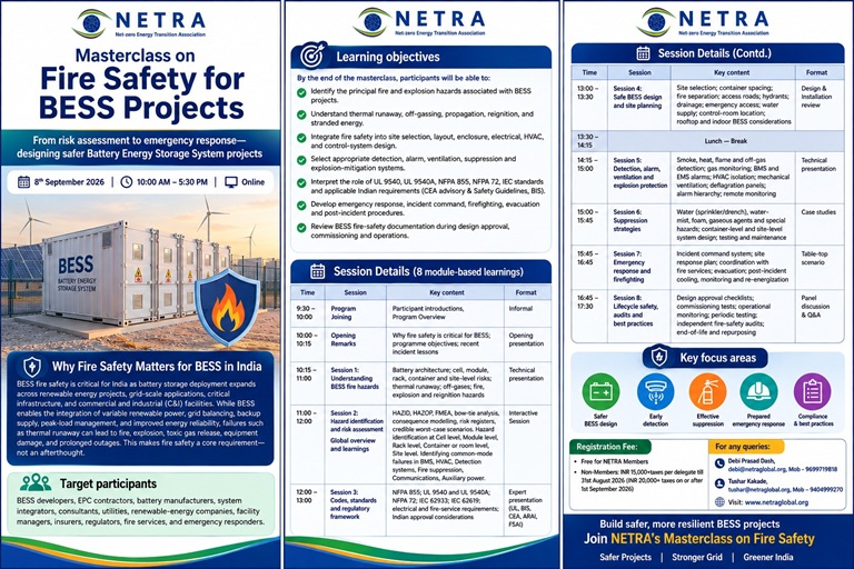Three-panel brochure for NETRA Masterclass on Fire Safety for BESS Projects, illustrating event title, objectives, and schedule details.