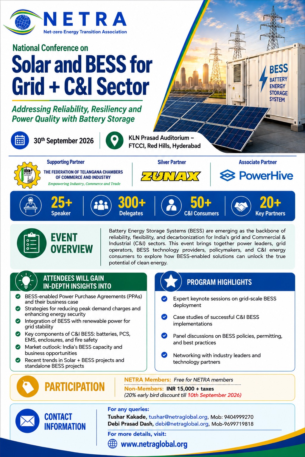 National Conference on Solar and BESS for Grid + CI Sector_30092026_Hyderabad | Netra Global Poster for NETRA National Conference on Solar and BESS for Grid + C&I Sector with solar panels and storage container, date and venue details included