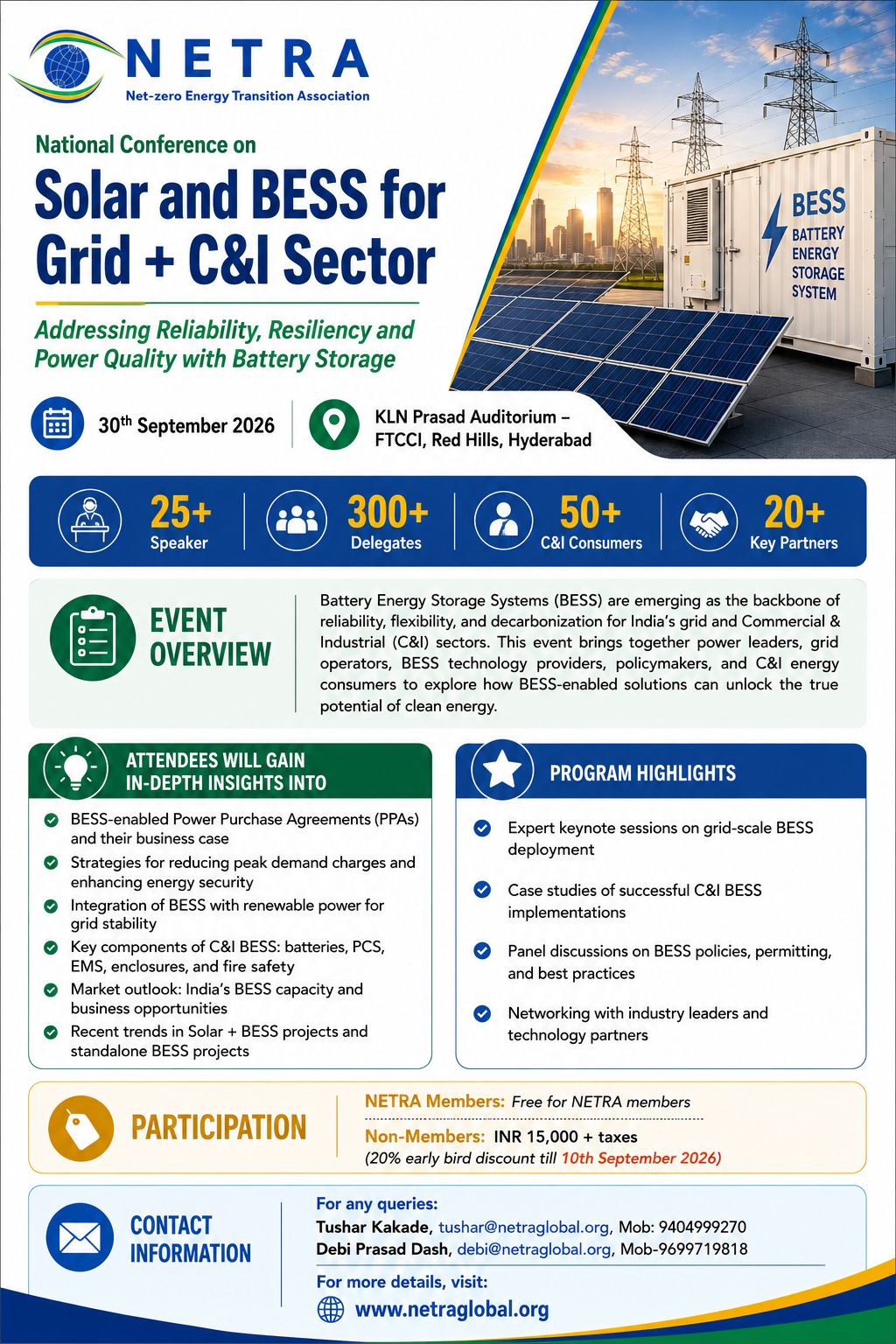 Conference poster for NETRA on Solar and BESS for Grid + C&I Sector; shows solar panels and a BESS container with venue/date and key stats (25+ speakers, 300+ delegates, 50+ C&I consumers, 20+ partners) and program highlights.