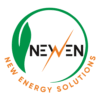 Logo for New Energy Solutions featuring a green circular arc, leaf motif, orange lightning bolt through the word NEW, and curved 'NEW ENERGY SOLUTIONS' text around the circle.
