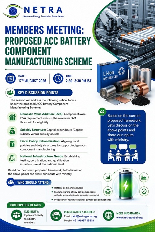 NETRA members meeting poster about the proposed ACC Battery Component Manufacturing Scheme, with date, time, and key discussion points.