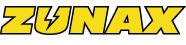 ZUNAX logo: bold yellow letters with a black outline on a pale background.
