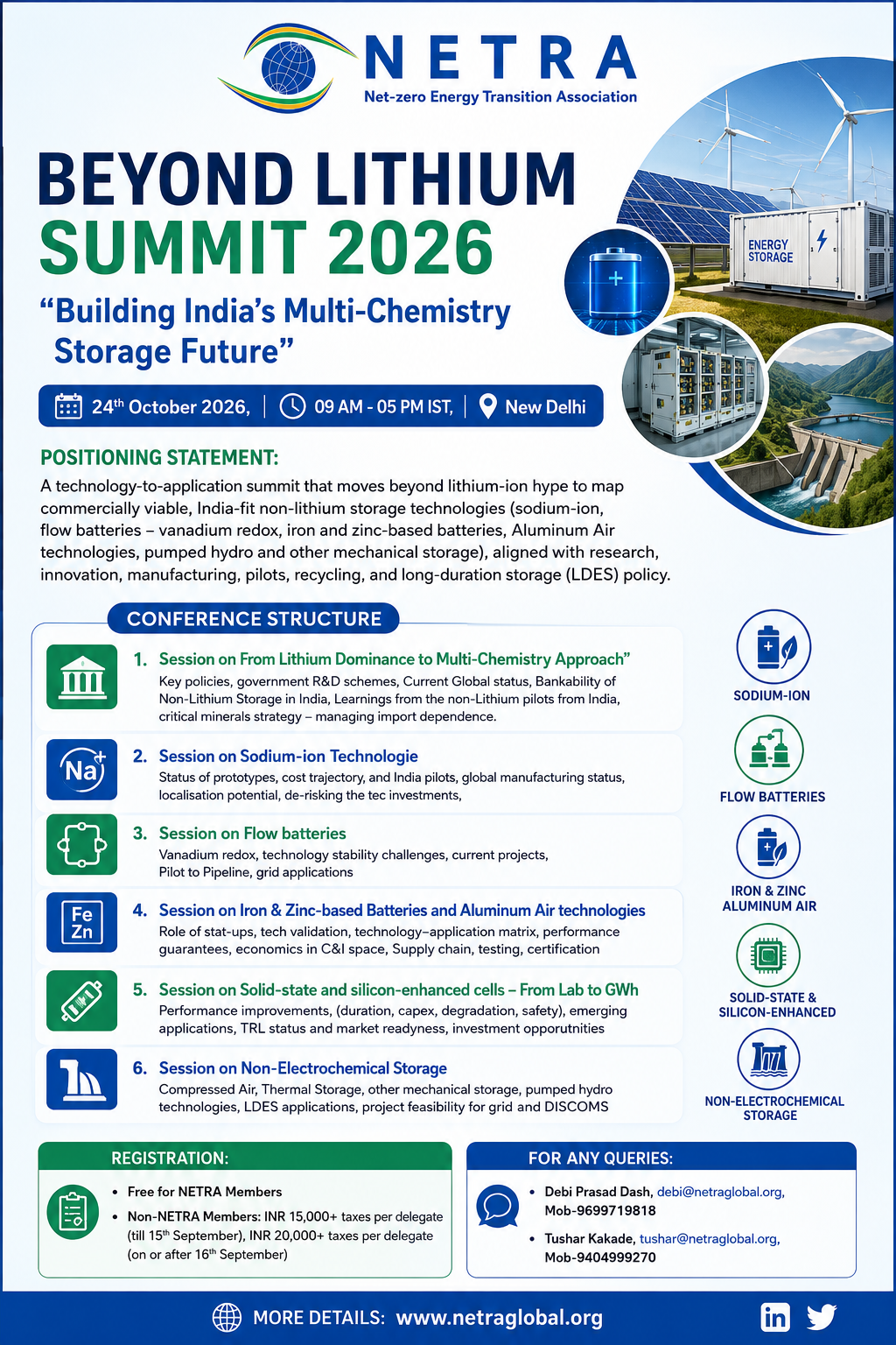 Beyond lithium Summit | Netra Global Poster for Beyond Lithium Summit 2026 by NETRA, with event title, date and location, plus circular images of energy storage and wind turbines in the corner.