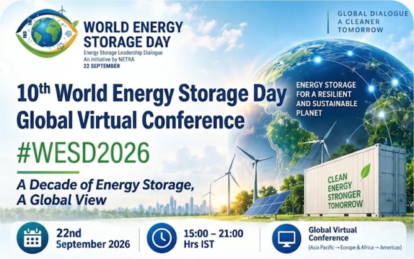 WhatsApp Image 2026-09-14 at 85643 PM | Netra Global Banner for World Energy Storage Day virtual conference showing a globe, wind turbines, solar panel, and a shipping container with 'Clean Energy Stronger Tomorrow' text; event date visible.