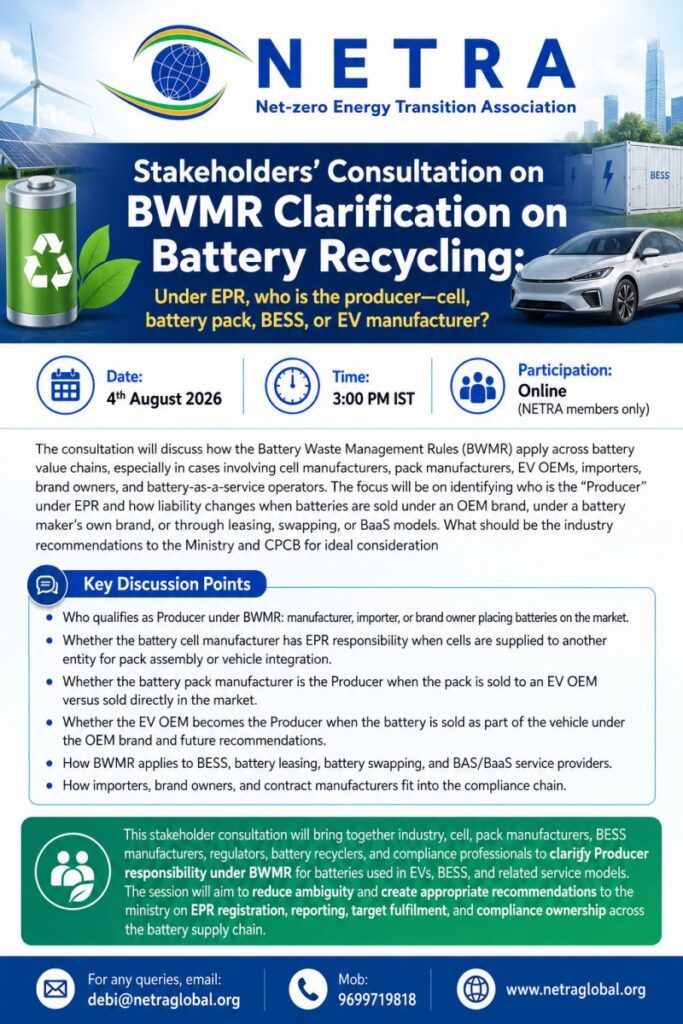 Poster for NETRA Stakeholders’ Consultation on BWMR battery recycling; logos, battery icon, car, and date/time details.