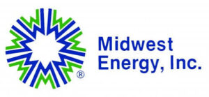 Midwest Energy, Inc. logo: blue and green circular starburst emblem to the left of the blue wordmark.