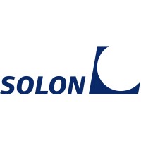 Solon logo: blue wordmark with a stylized curved arc motif on the right on a white background.